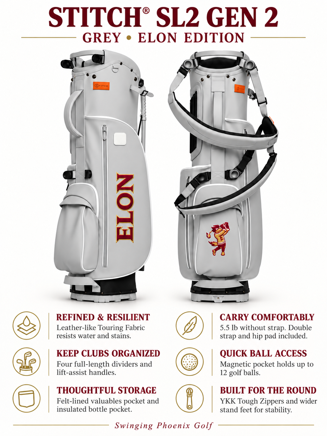 A promotional product graphic for the Stitch SL2 Gen 2 golf bag in grey 'Elon Edition'. The image shows two views of the grey and black golf bag with red and gold accents, accompanied by feature callout icons and text on a white background.
