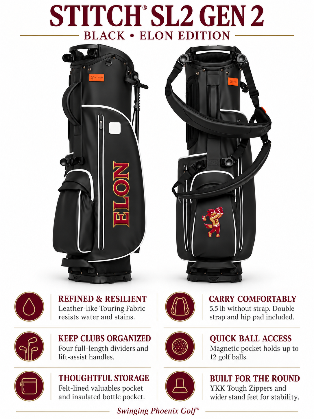 Stitch SL2 Gen 2 Black Elon Edition golf bag shown from two angles on a white background, with feature callouts below including 'Refined & Resilient,' 'Carry Comfortably,' 'Quick Ball Access,' 'Thoughtful Storage,' and 'Built for the Round.'.