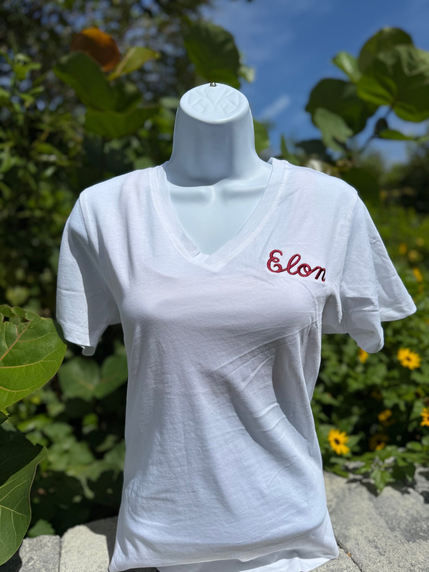 The Women's "Elon Script" embroidered Meredith V Neck Tee