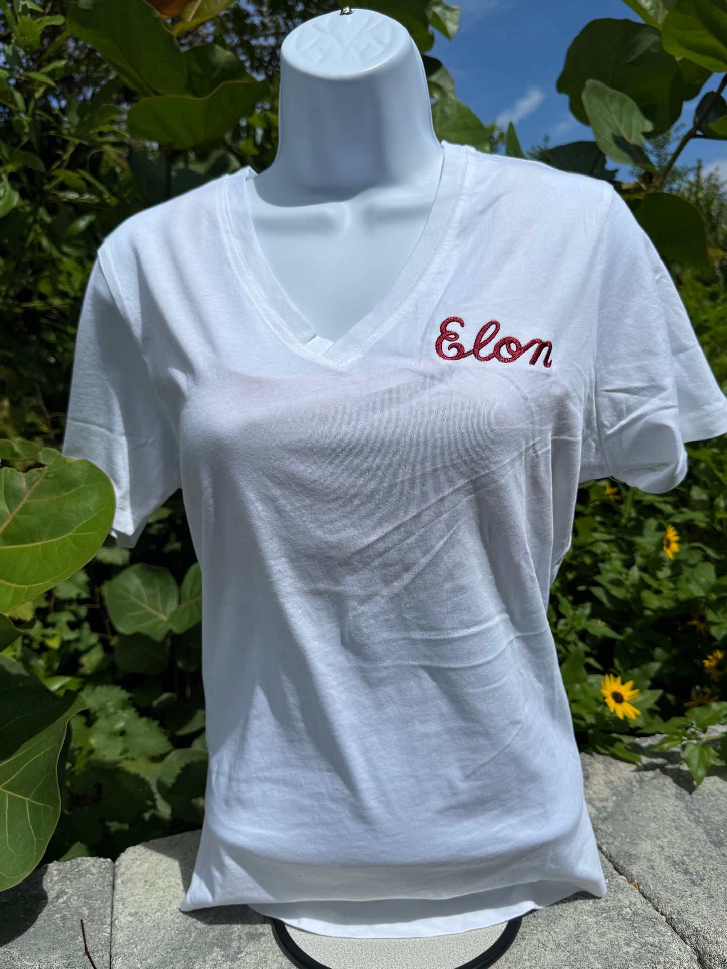 The Women's "Elon Script" embroidered Meredith V Neck Tee