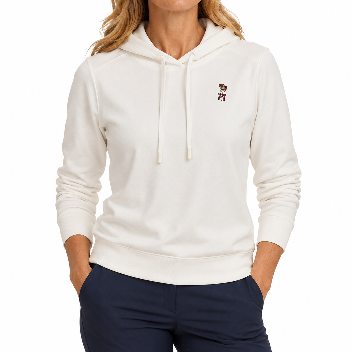 Woman wearing an off-white Johnnie-O hoodie with the Swinging Phoenix logo