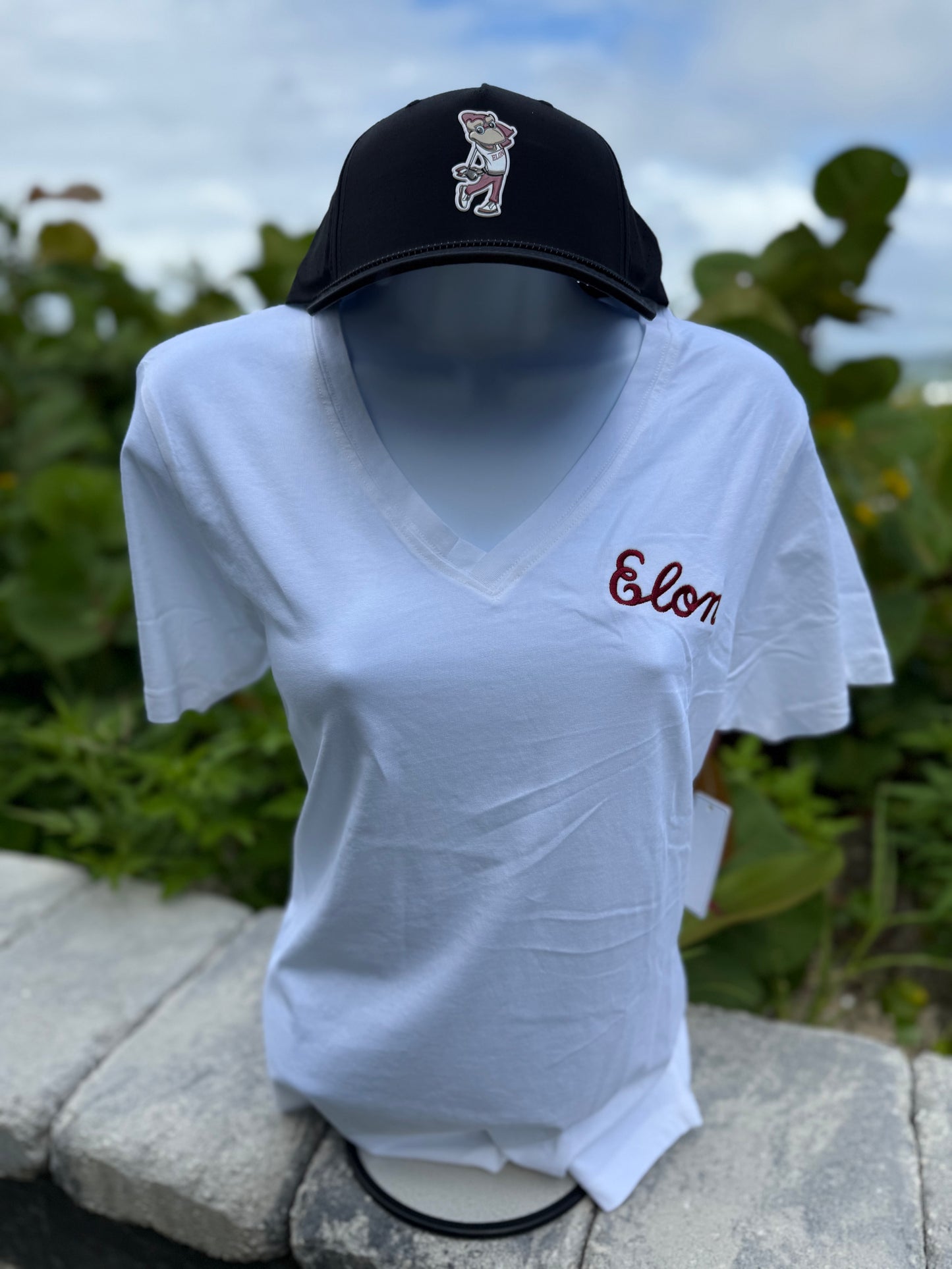 The Women's "Elon Script" embroidered Meredith V Neck Tee