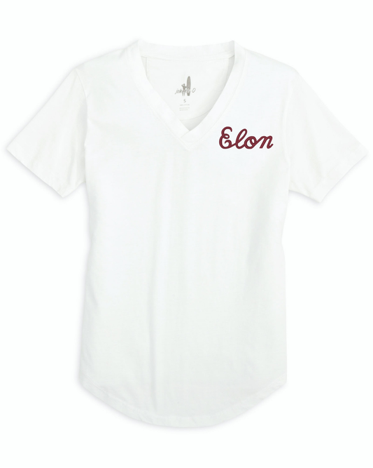The Women's "Elon Script" embroidered Meredith V Neck Tee